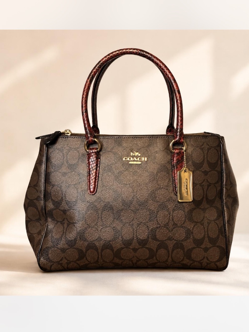 COACH Brown Surrey Signature Carryall Satchel with Burgundy crocodile Handles